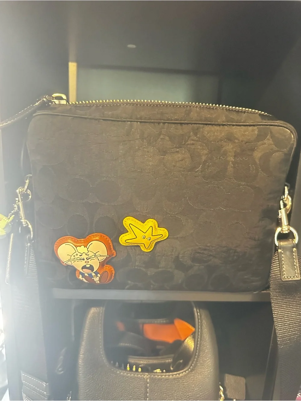 Coach Black Patchwork Wristlet Shoulder Bag with Colorful Badge Accents